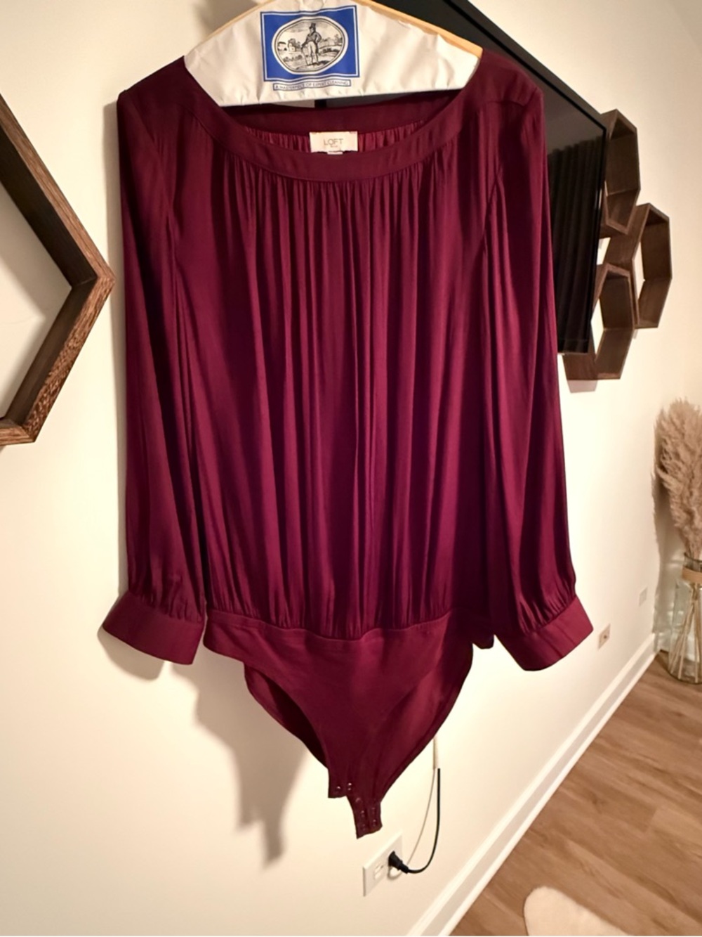 LOFT Burgundy Long-Sleeve Gathered Neck Bodysuit